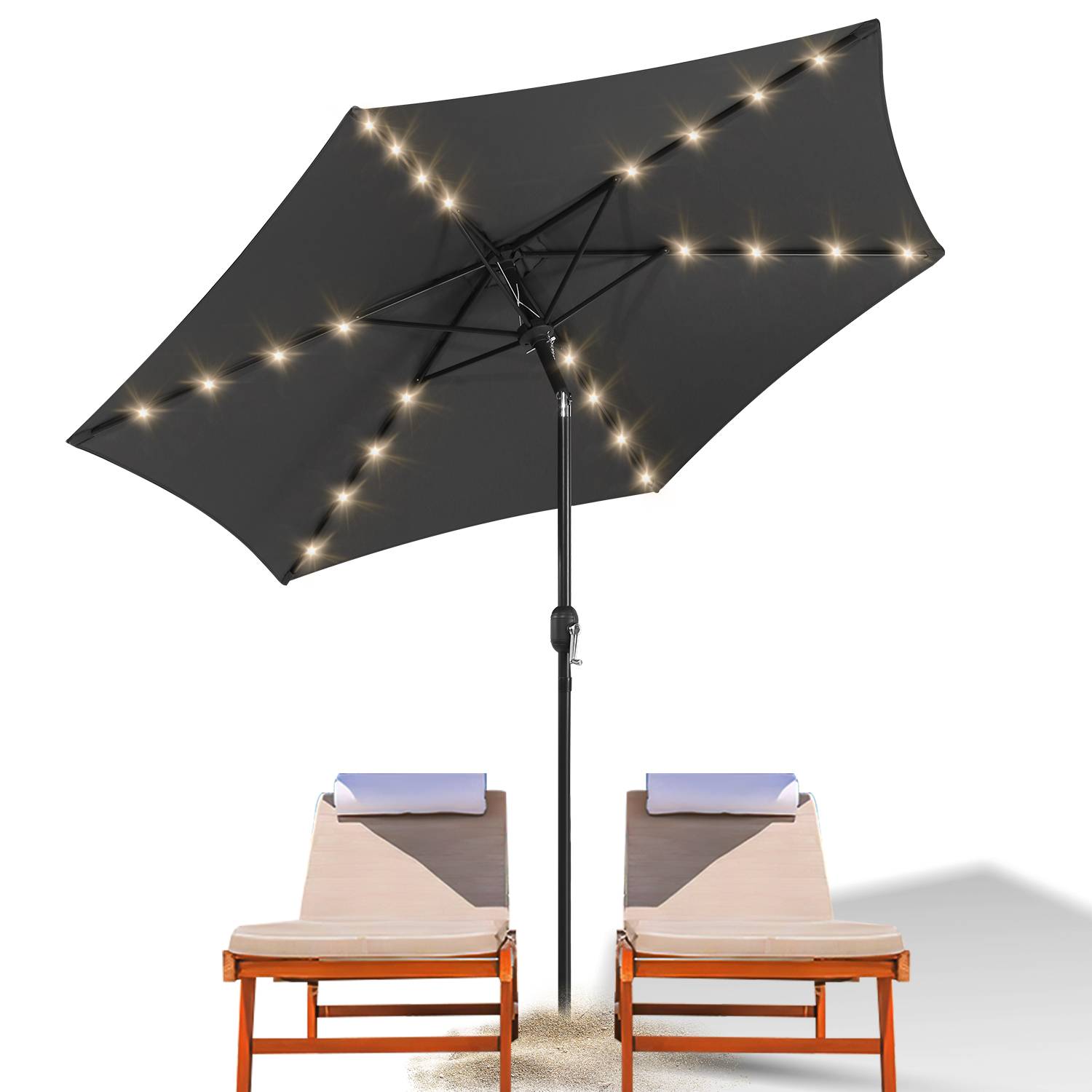 Sonnenschirm Ampelschirm 270 cm mit LED Solar, um 30° knickbar, UV-Schutz, Kurbel - Grau - Gartenschirm Marktschirm Kurbelschirm
