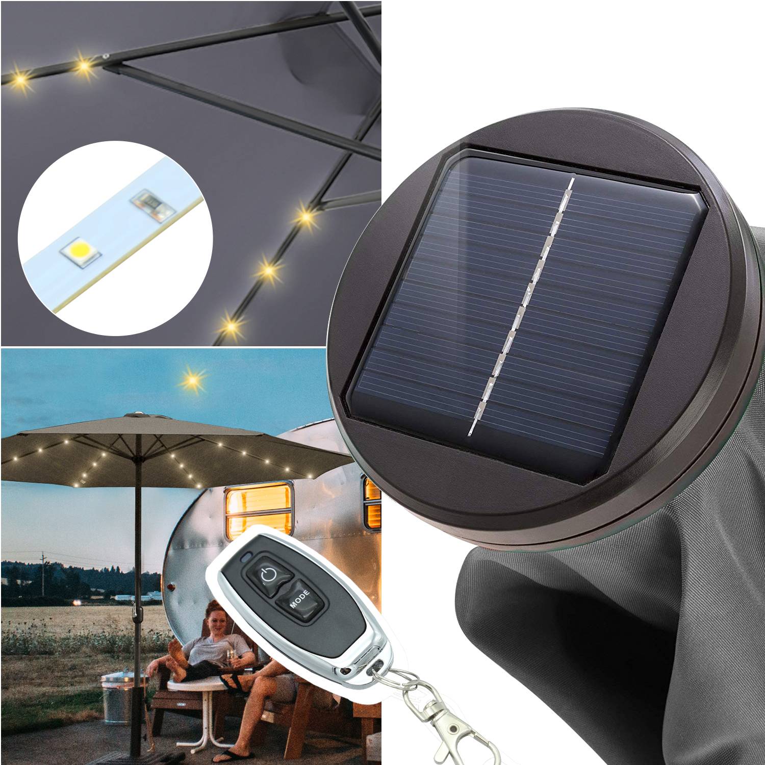 Sonnenschirm Ampelschirm 350 cm mit LED Solar, UV-Schutz, Kurbel - Grau - Gartenschirm Marktschirm Kurbelschirm