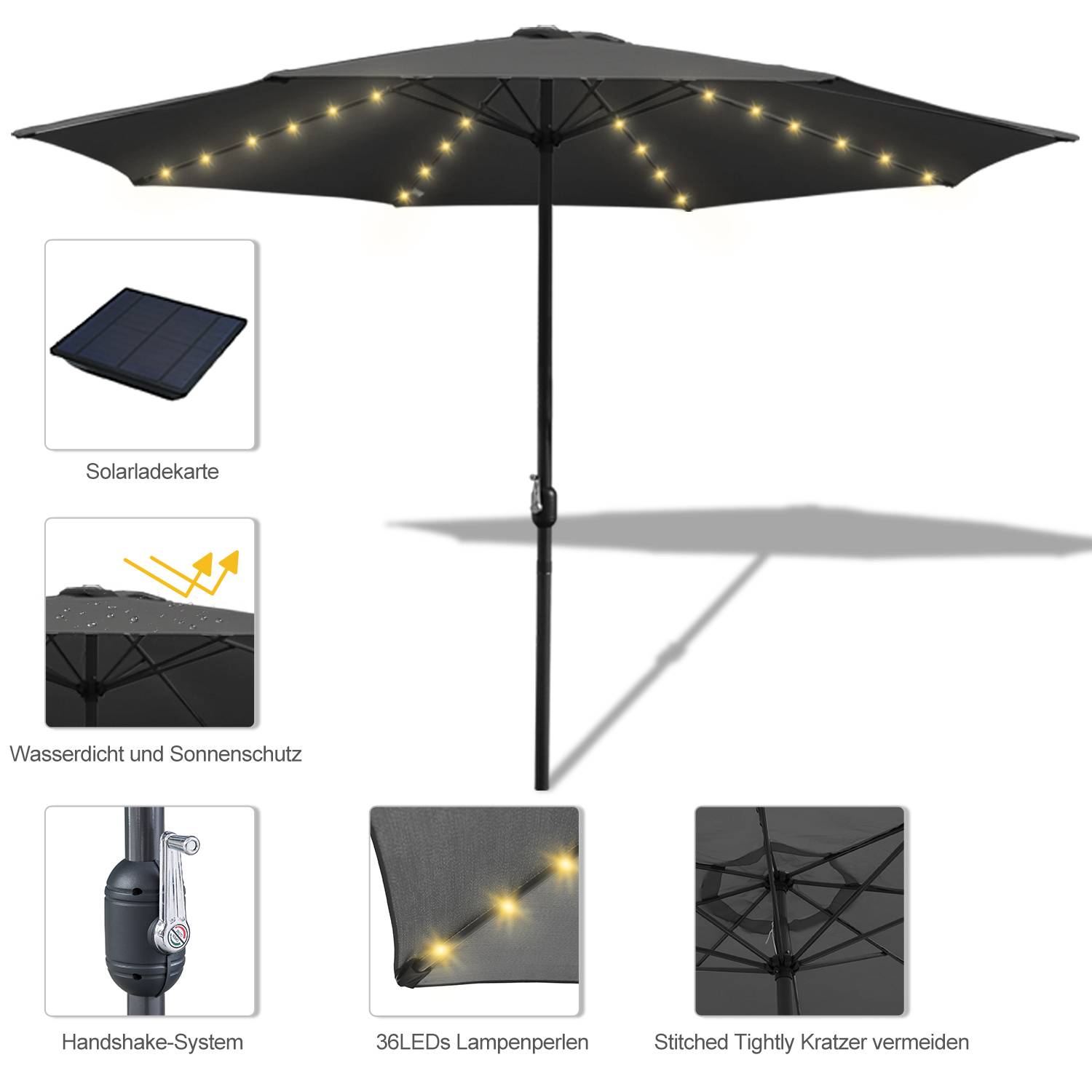Sonnenschirm Ampelschirm 270 cm mit LED Solar, um 30° knickbar, UV-Schutz, Kurbel - Grau - Gartenschirm Marktschirm Kurbelschirm