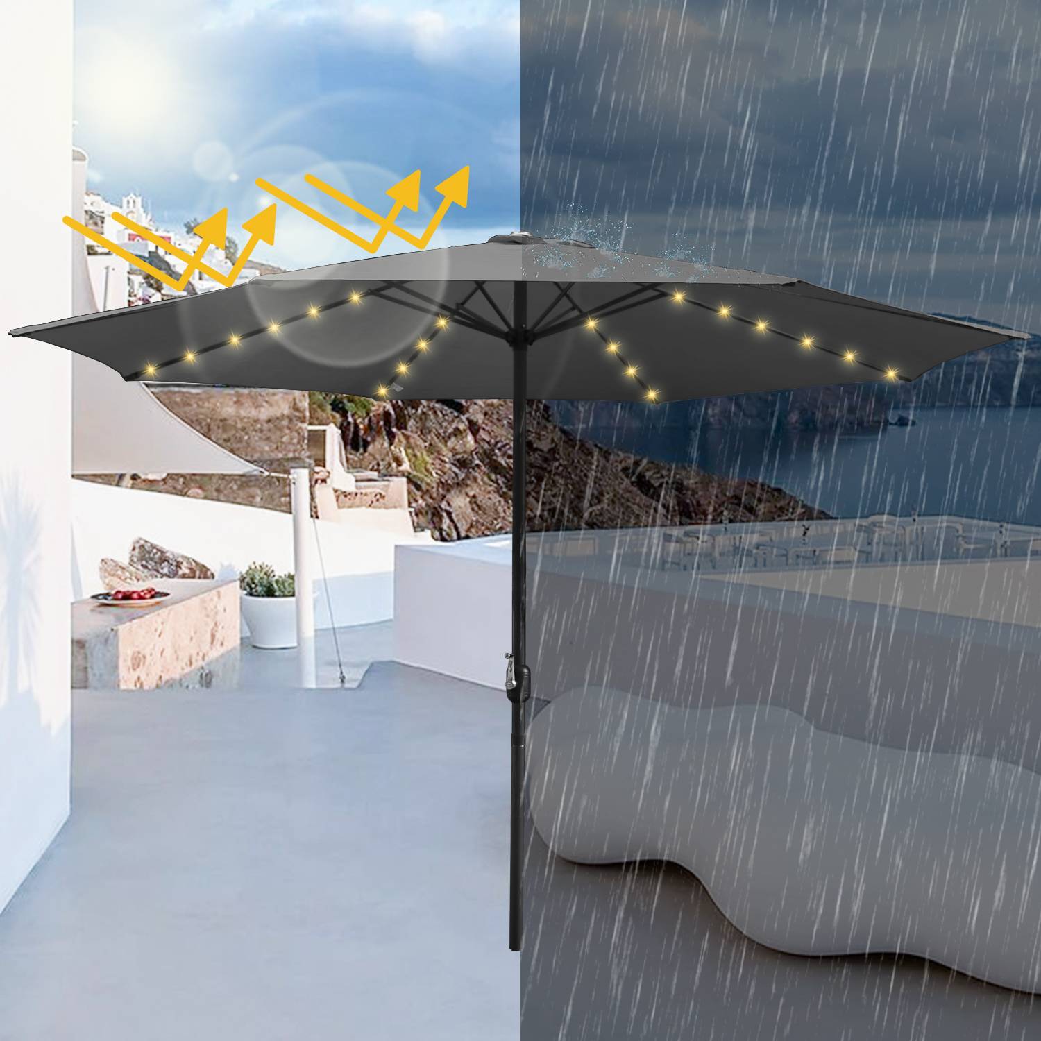 Sonnenschirm Ampelschirm 270 cm mit LED Solar, um 30° knickbar, UV-Schutz, Kurbel - Grau - Gartenschirm Marktschirm Kurbelschirm