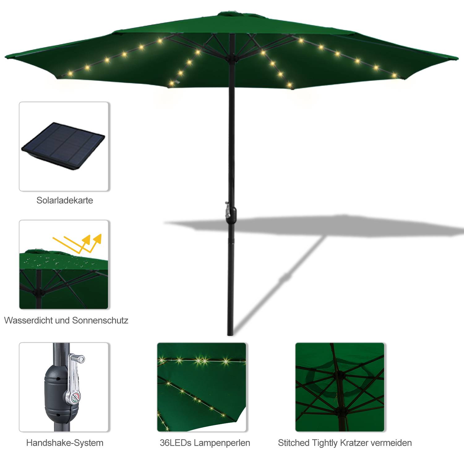 Sonnenschirm Rund,Kurbel Knickbar Eisen Balkonschirm Marktschirm,LED,350cm,Grün