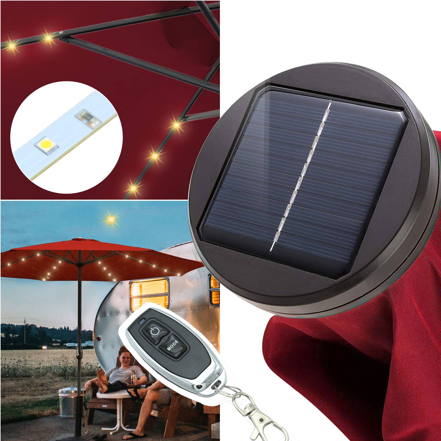 Sonnenschirm Ampelschirm 270 cm mit LED Solar, um 30° knickbar, UV-Schutz, Kurbel - Rot - Gartenschirm Marktschirm Kurbelschirm