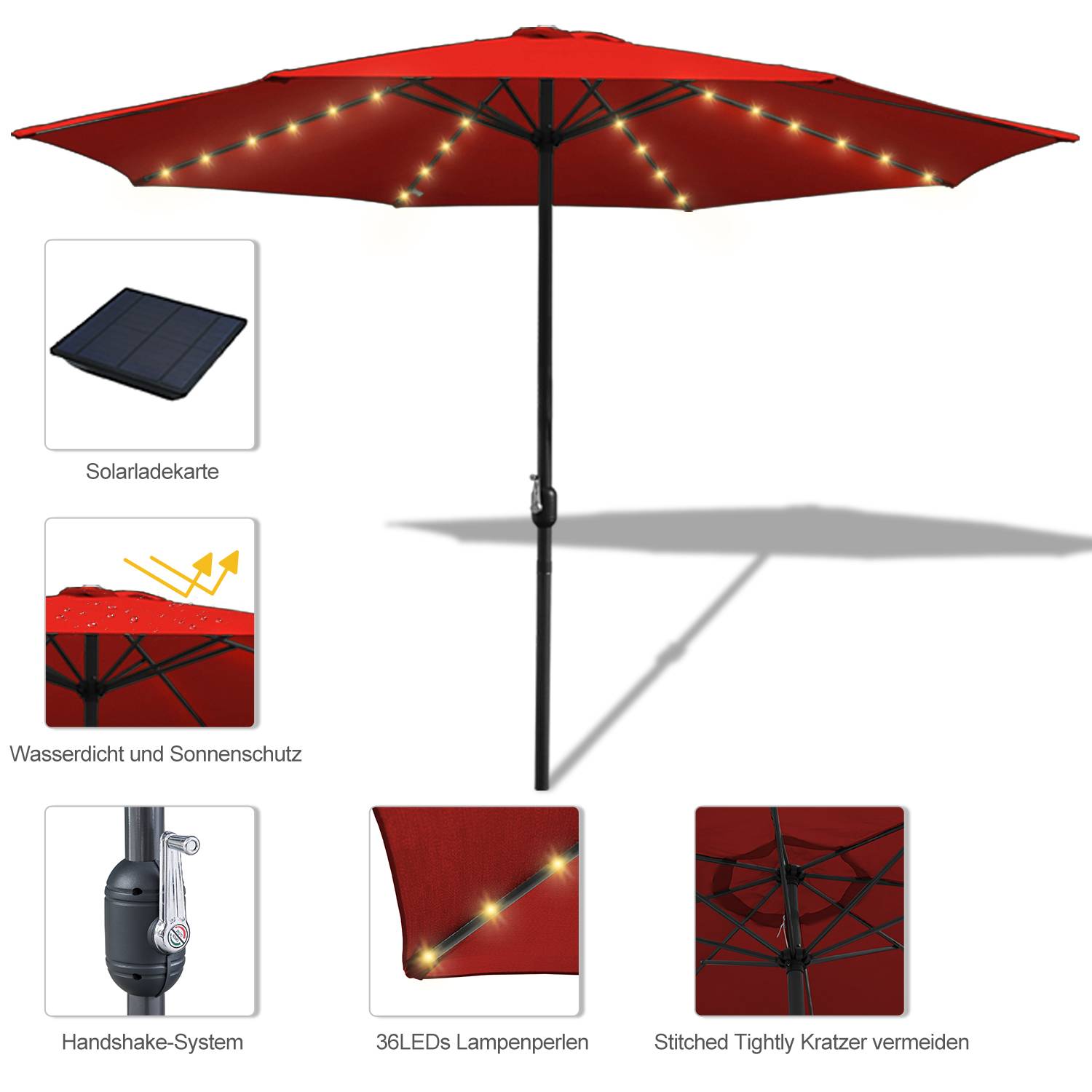 Sonnenschirm Ampelschirm 270 cm mit LED Solar, um 30° knickbar, UV-Schutz, Kurbel - Rot - Gartenschirm Marktschirm Kurbelschirm