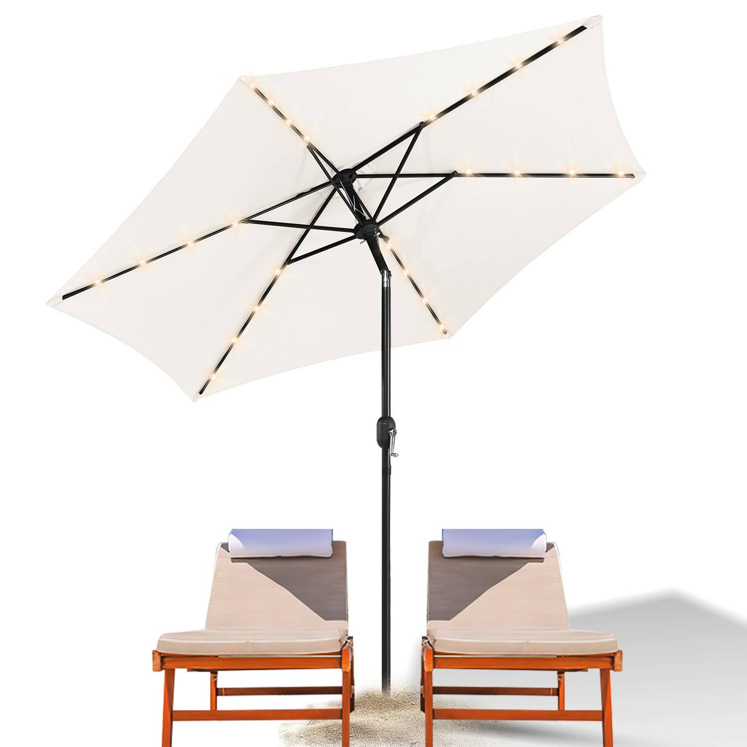 Sonnenschirm Ampelschirm 270 cm mit LED Solar, um 30° knickbar, UV-Schutz, Kurbel - Beige - Gartenschirm Marktschirm Kurbelschirm