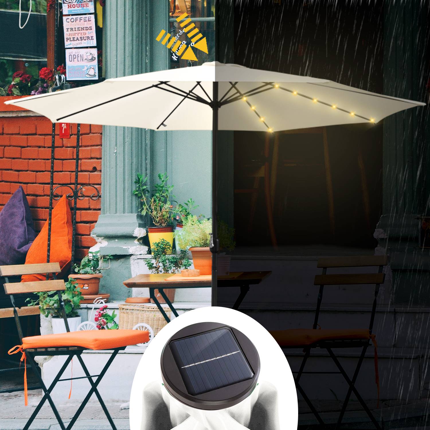 Sonnenschirm Ampelschirm 270 cm mit LED Solar, um 30° knickbar, UV-Schutz, Kurbel - Beige - Gartenschirm Marktschirm Kurbelschirm