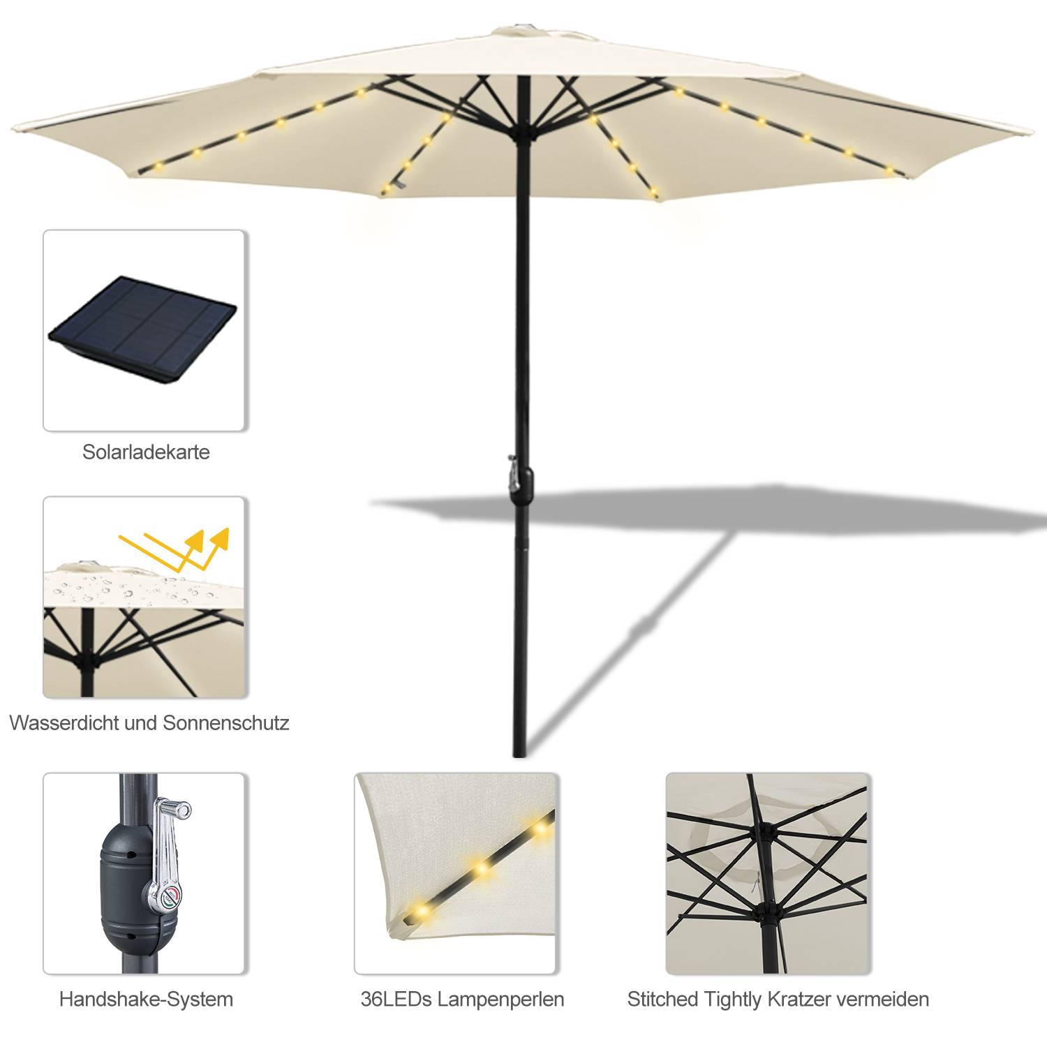 Sonnenschirm Ampelschirm 270 cm mit LED Solar, um 30° knickbar, UV-Schutz, Kurbel - Beige - Gartenschirm Marktschirm Kurbelschirm
