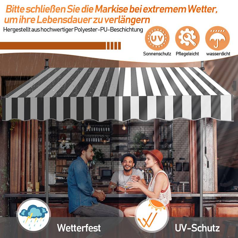 Klemmmarkise 200x120cm Markise Höhenverstellbare Balkonmarkise mit Handkurbel Sonnenschutz ohne Bohren für Terrasse und Balkon Grau Weiß