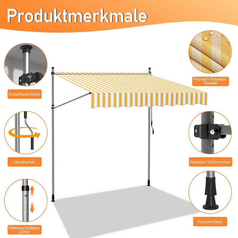 Klemmmarkise 250x120cm Markise Höhenverstellbare Balkonmarkise mit Handkurbel Sonnenschutz ohne Bohren für Terrasse und Balkon Gelb Weiß