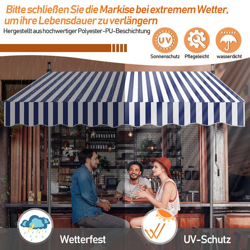 Klemmmarkise 350x120cm Markise Höhenverstellbare Balkonmarkise mit Handkurbel Sonnenschutz ohne Bohren für Terrasse und Balkon Blau Weiß