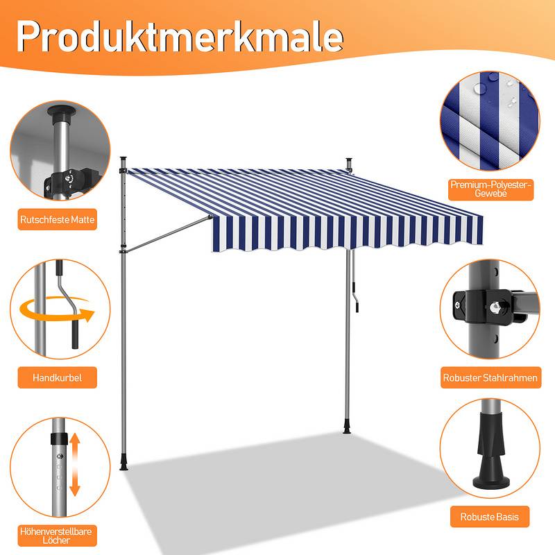 Klemmmarkise 400x120cm Markise Höhenverstellbare Balkonmarkise mit Handkurbel Sonnenschutz ohne Bohren für Terrasse und Balkon Blau Weiß