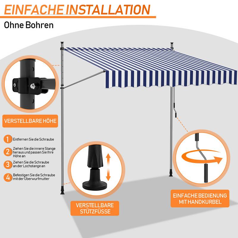 Klemmmarkise 250x120cm Markise Höhenverstellbare Balkonmarkise mit Handkurbel Sonnenschutz ohne Bohren für Terrasse und Balkon Blau Weiß