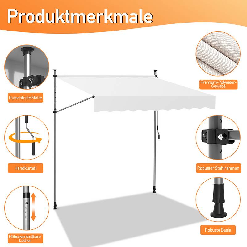 Klemmmarkise 350x120cm Markise Höhenverstellbare Balkonmarkise mit Handkurbel Sonnenschutz ohne Bohren für Terrasse und Balkon Creme