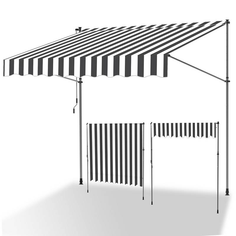 Klemmmarkise 400x120cm Markise Höhenverstellbare Balkonmarkise mit Handkurbel Sonnenschutz ohne Bohren für Terrasse und Balkon Grau Weiß