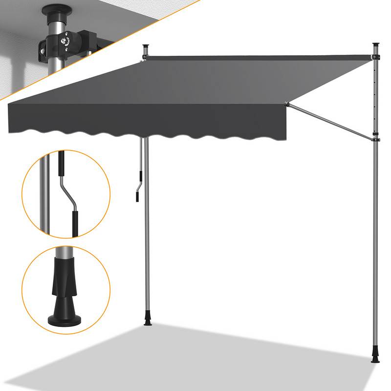 Klemmmarkise 200x120cm Markise Höhenverstellbare Balkonmarkise mit Handkurbel Sonnenschutz ohne Bohren für Terrasse und Balkon Grau
