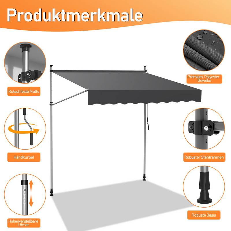 Klemmmarkise 250x120cm Markise Höhenverstellbare Balkonmarkise mit Handkurbel Sonnenschutz ohne Bohren für Terrasse und Balkon Grau