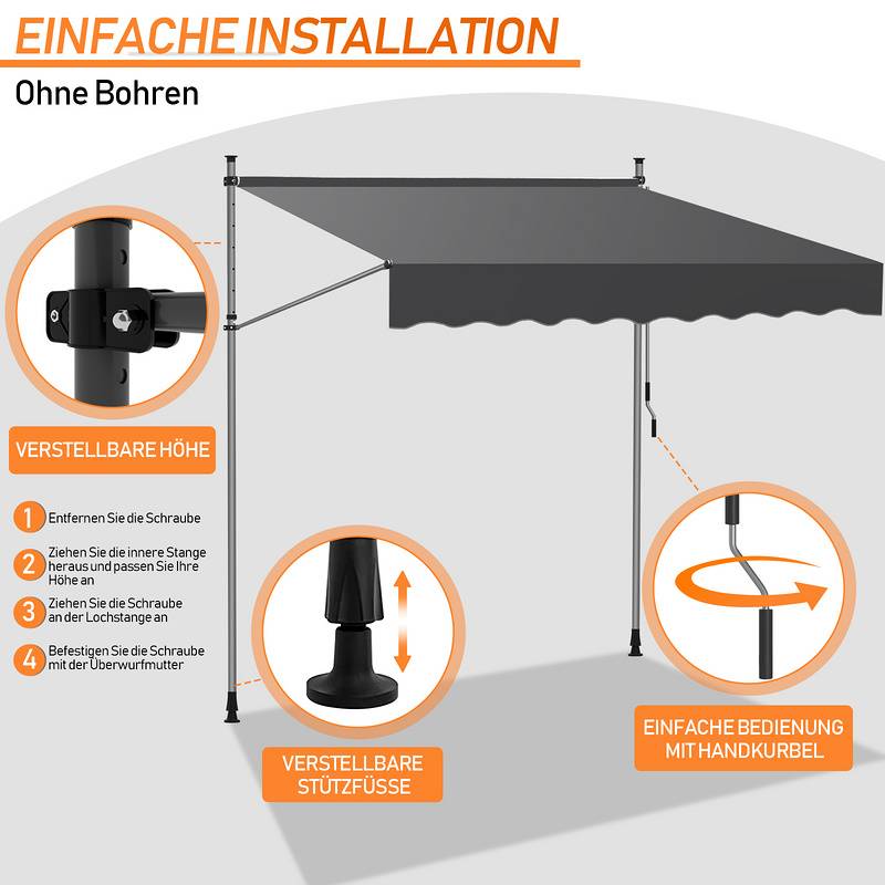 Klemmmarkise 400x120cm Markise Höhenverstellbare Balkonmarkise mit Handkurbel Sonnenschutz ohne Bohren für Terrasse und Balkon Grau