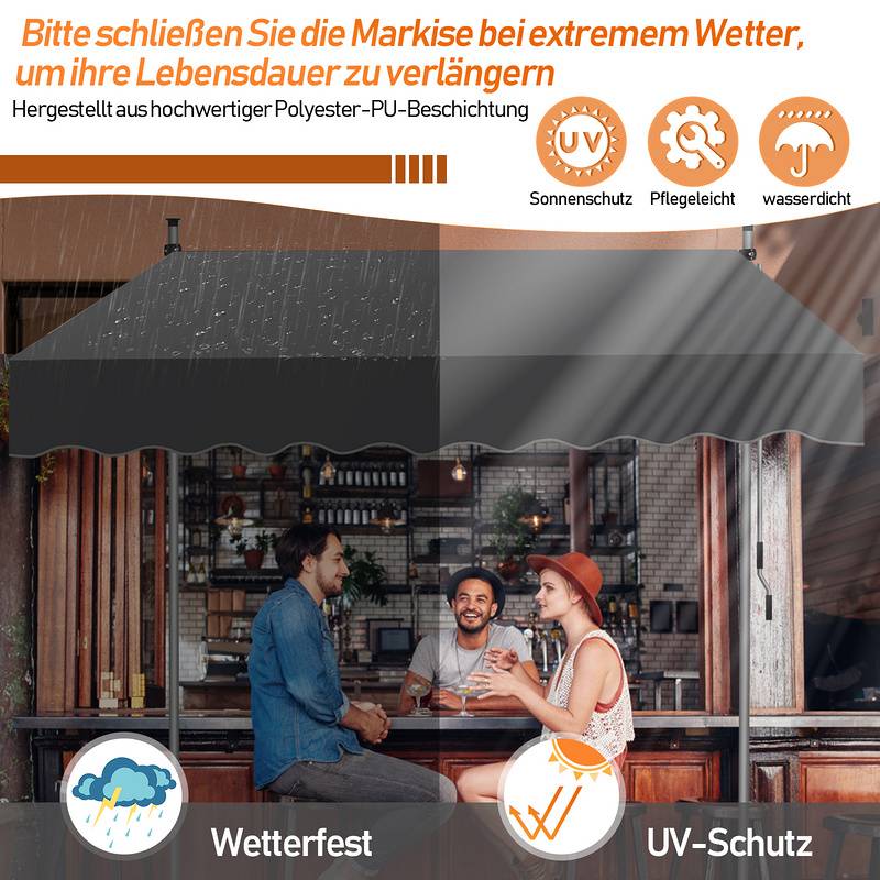 Klemmmarkise 300x120cm Markise Höhenverstellbare Balkonmarkise mit Handkurbel Sonnenschutz ohne Bohren für Terrasse und Balkon Grau