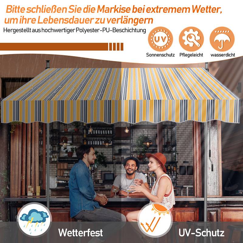 Klemmmarkise 400x120cm Markise Höhenverstellbare Balkonmarkise mit Handkurbel Sonnenschutz ohne Bohren für Terrasse und Balkon Gelb Blau