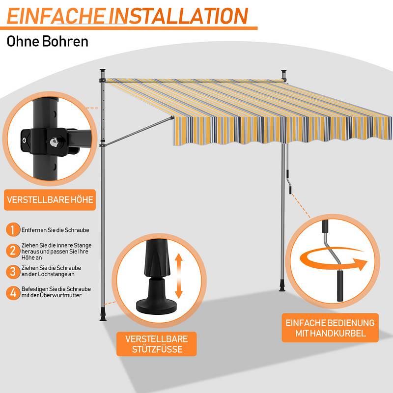 Klemmmarkise 250x120cm Markise Höhenverstellbare Balkonmarkise mit Handkurbel Sonnenschutz ohne Bohren für Terrasse und Balkon Gelb Blau