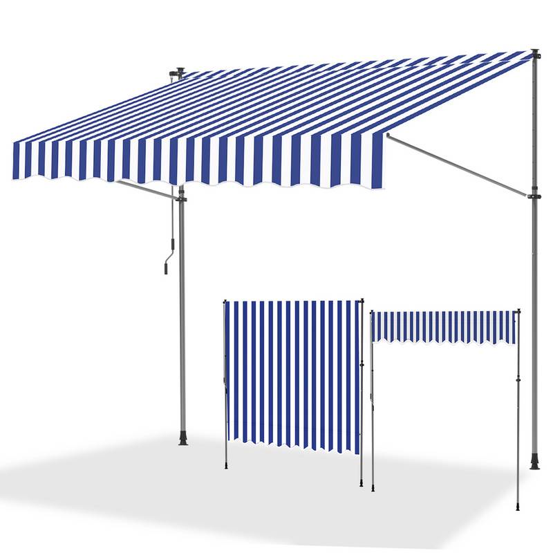 Klemmmarkise 350x120cm Markise Höhenverstellbare Balkonmarkise mit Handkurbel Sonnenschutz ohne Bohren für Terrasse und Balkon Blau Weiß