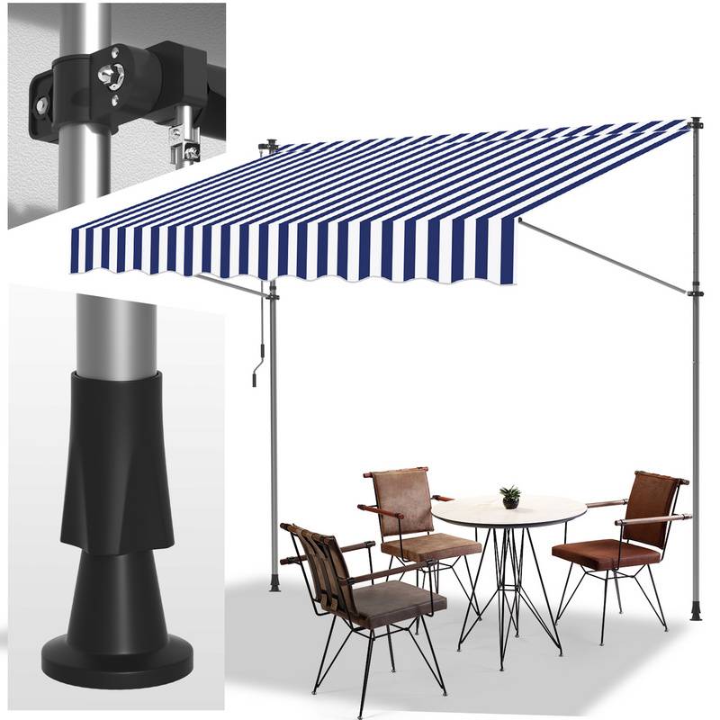 Klemmmarkise 250x120cm Markise Höhenverstellbare Balkonmarkise mit Handkurbel Sonnenschutz ohne Bohren für Terrasse und Balkon Blau Weiß
