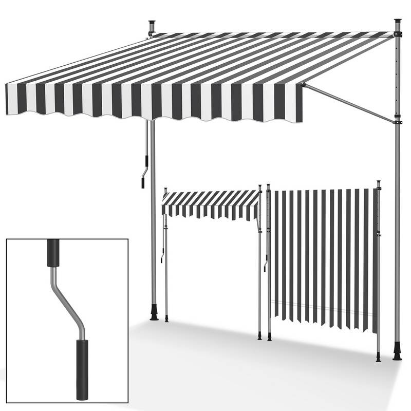 Klemmmarkise 300x120cm Markise Höhenverstellbare Balkonmarkise mit Handkurbel Sonnenschutz ohne Bohren für Terrasse und Balkon Grau Weiß
