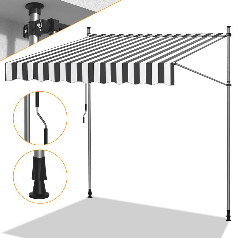 Klemmmarkise 350x120cm Markise Höhenverstellbare Balkonmarkise mit Handkurbel Sonnenschutz ohne Bohren für Terrasse und Balkon Grau Weiß