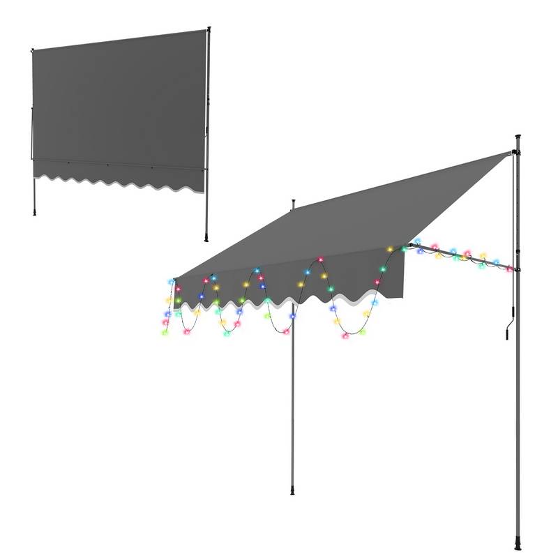 Klemmmarkise mit LED 200x120cm Markise Höhenverstellbare Balkonmarkise mit Handkurbel Sonnenschutz ohne Bohren für Terrasse und Balkon Grau