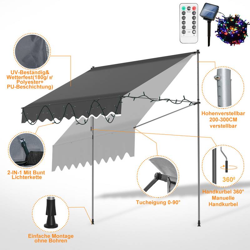 Klemmmarkise mit LED 300x120cm Markise Höhenverstellbare Balkonmarkise mit Handkurbel Sonnenschutz ohne Bohren für Terrasse und Balkon Grau