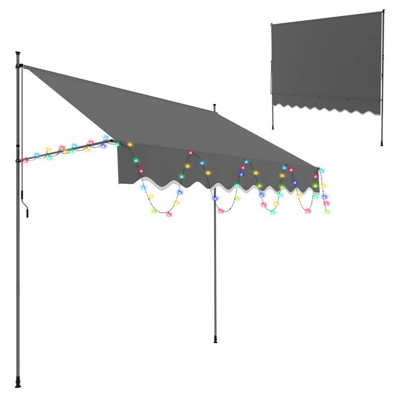 Klemmmarkise mit LED 250x120cm Markise Höhenverstellbare Balkonmarkise mit Handkurbel Sonnenschutz ohne Bohren für Terrasse und Balkon Grau