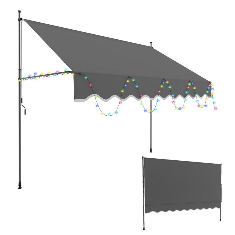 Klemmmarkise mit LED 300x120cm Markise Höhenverstellbare Balkonmarkise mit Handkurbel Sonnenschutz ohne Bohren für Terrasse und Balkon Grau
