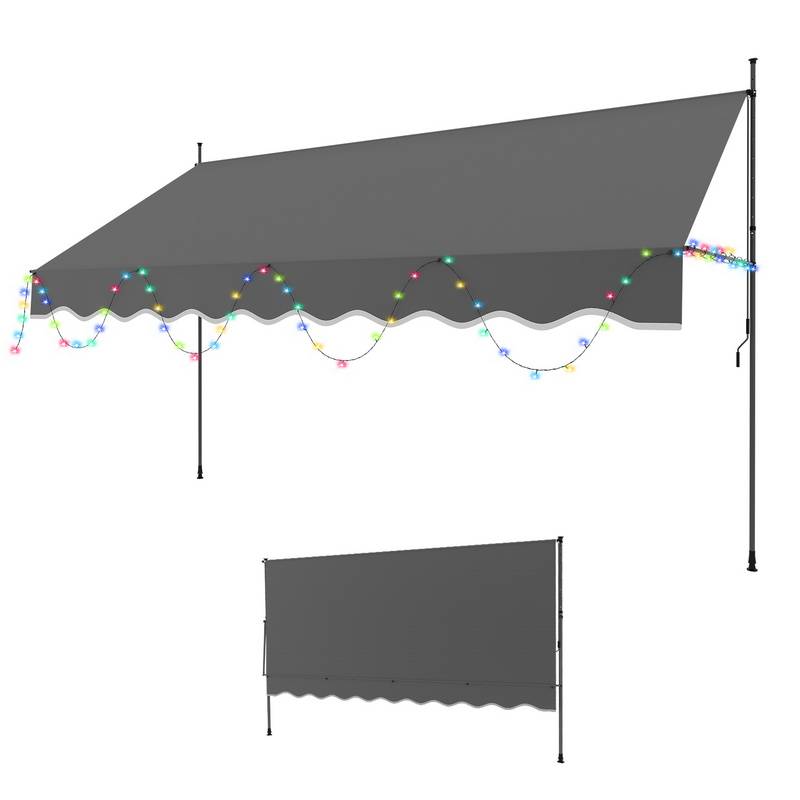 Klemmmarkise mit LED 400x120cm Markise Höhenverstellbare Balkonmarkise mit Handkurbel Sonnenschutz ohne Bohren für Terrasse und Balkon Grau