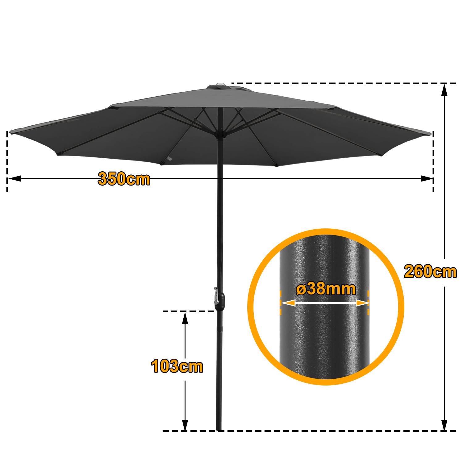 Sonnenschirm, Gartenschirm Ø 350 cm,mit Kurbelmechanismus,Grau
