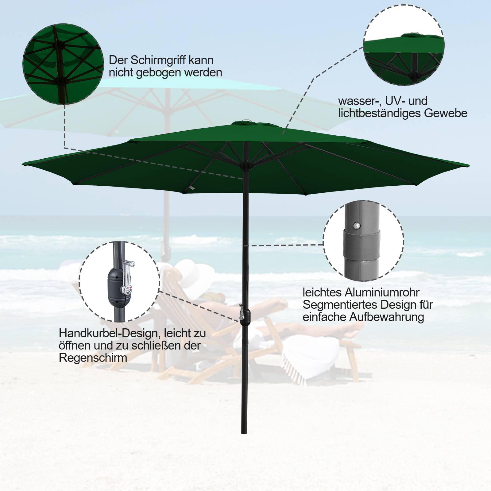 Sonnenschirm Rund,Kurbel Knickbar Eisen Balkonschirm Marktschirm,350cm,Grün