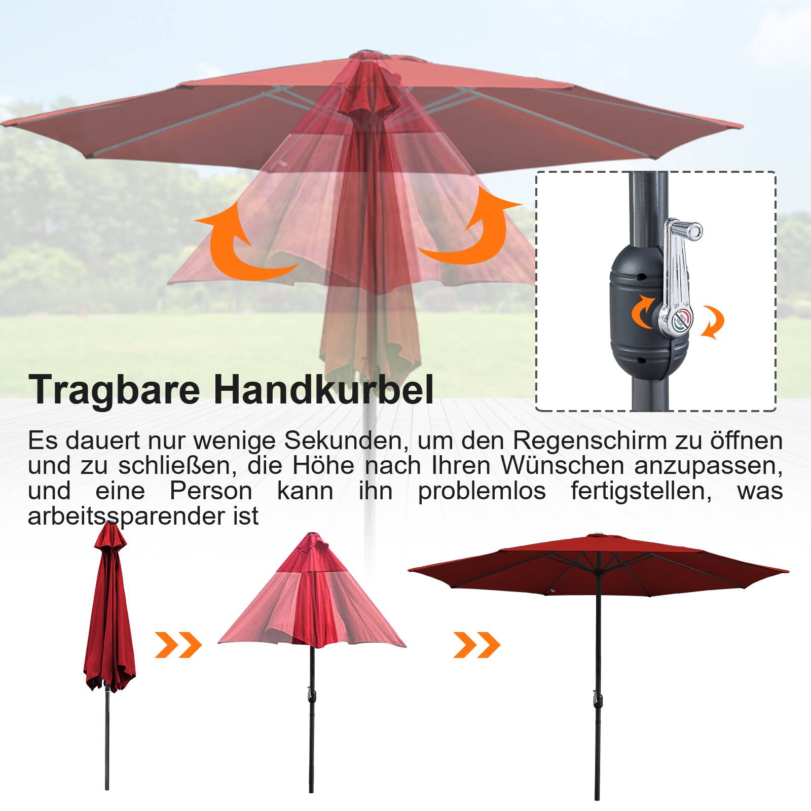 Sonnenschirm Rund,Kurbel Knickbar Eisen Balkonschirm Marktschirm,350cm,Rot