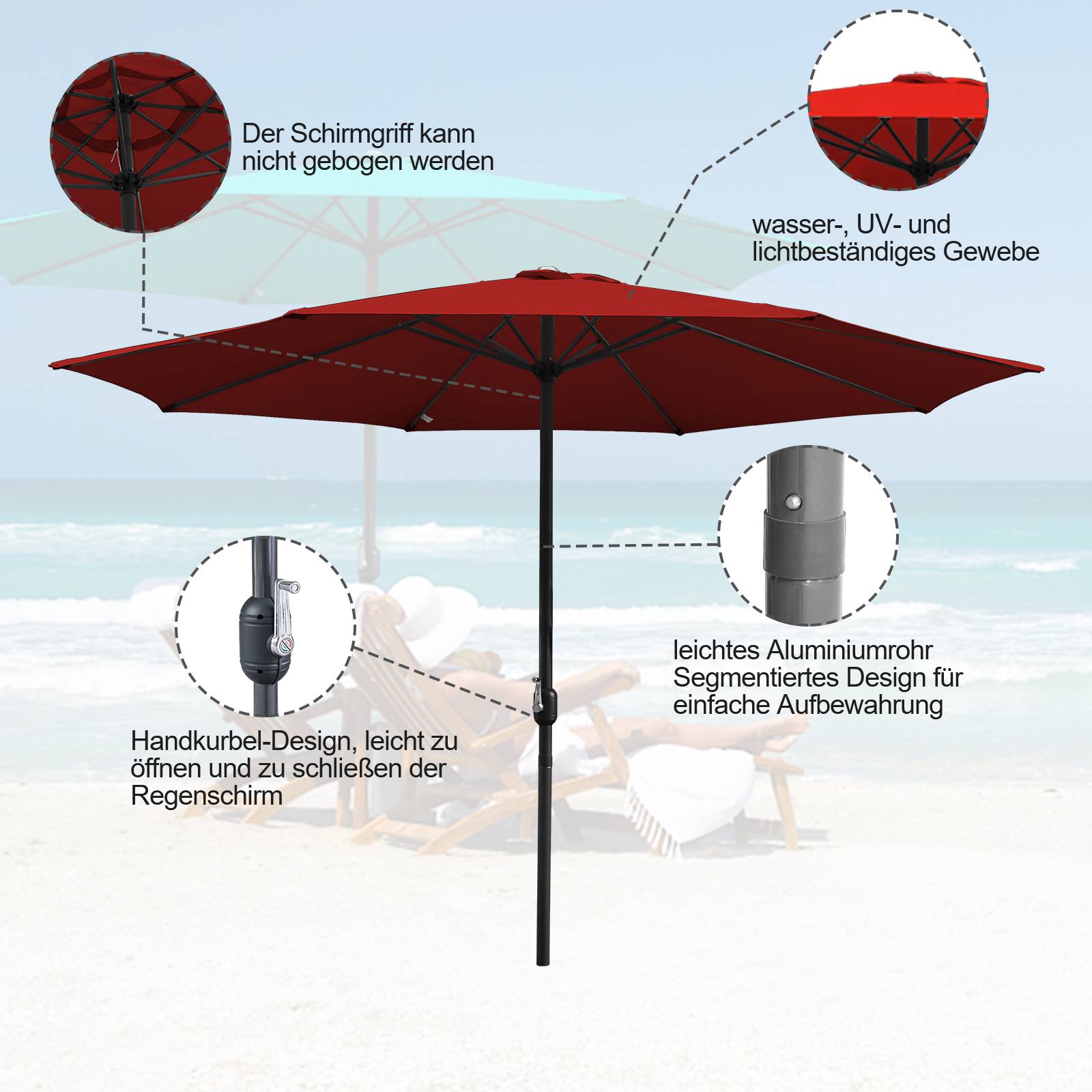 Ø3.5m Sonnenschirm Schirm UV40+ Gartenschirm Solar Garten 4 Farben,Rot