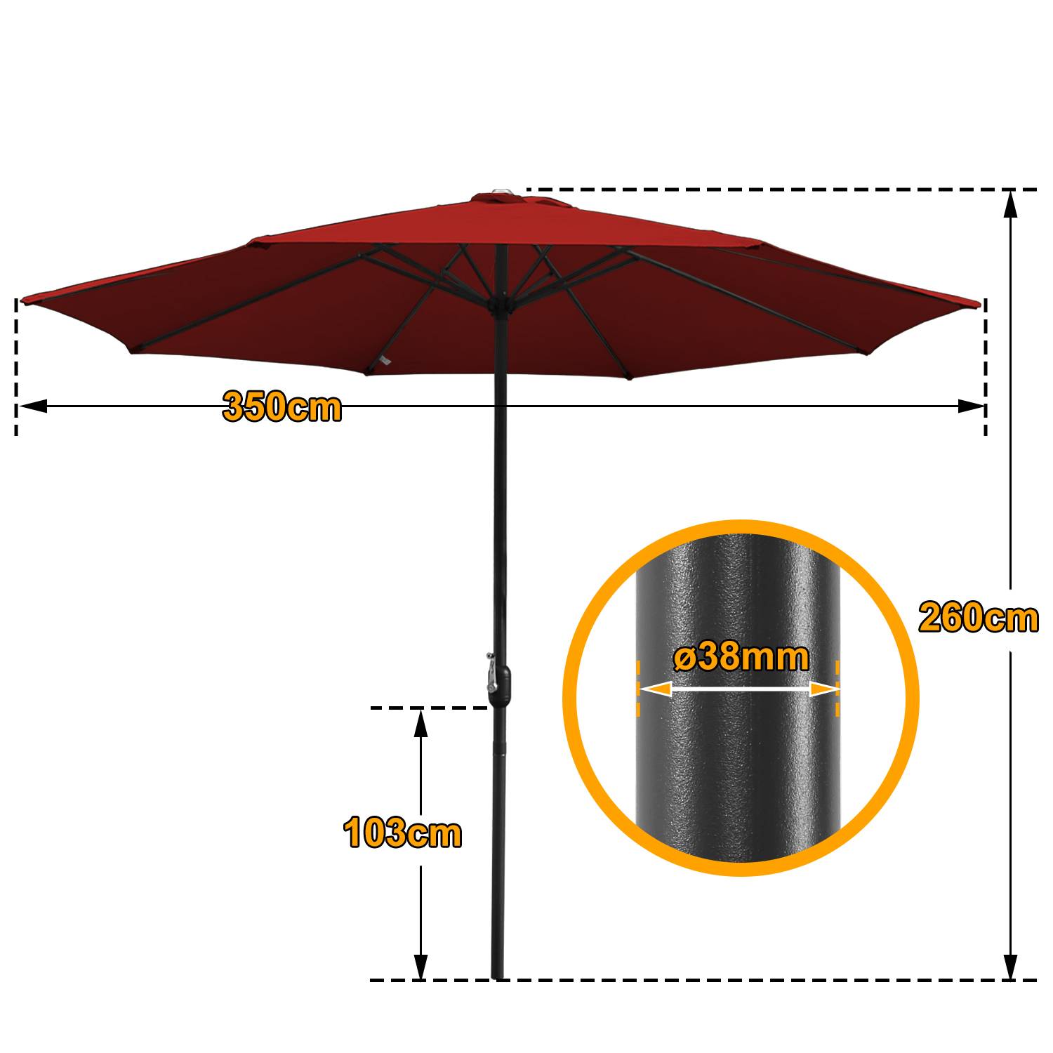 Sonnenschirm, Gartenschirm Ø 350 cm,mit Kurbelmechanismus,Rot
