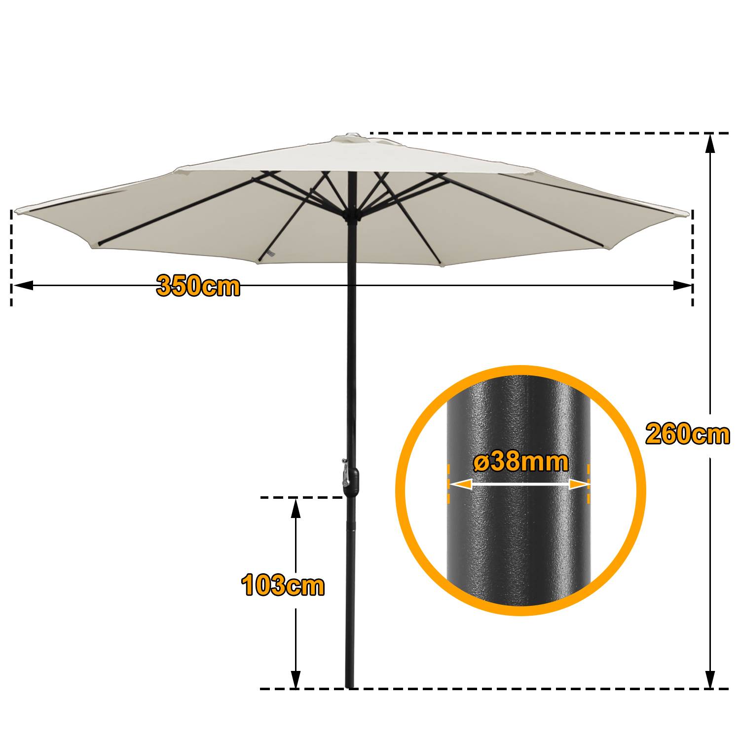 Sonnenschirm, Gartenschirm Ø 350 cm,mit Kurbelmechanismus,Beige