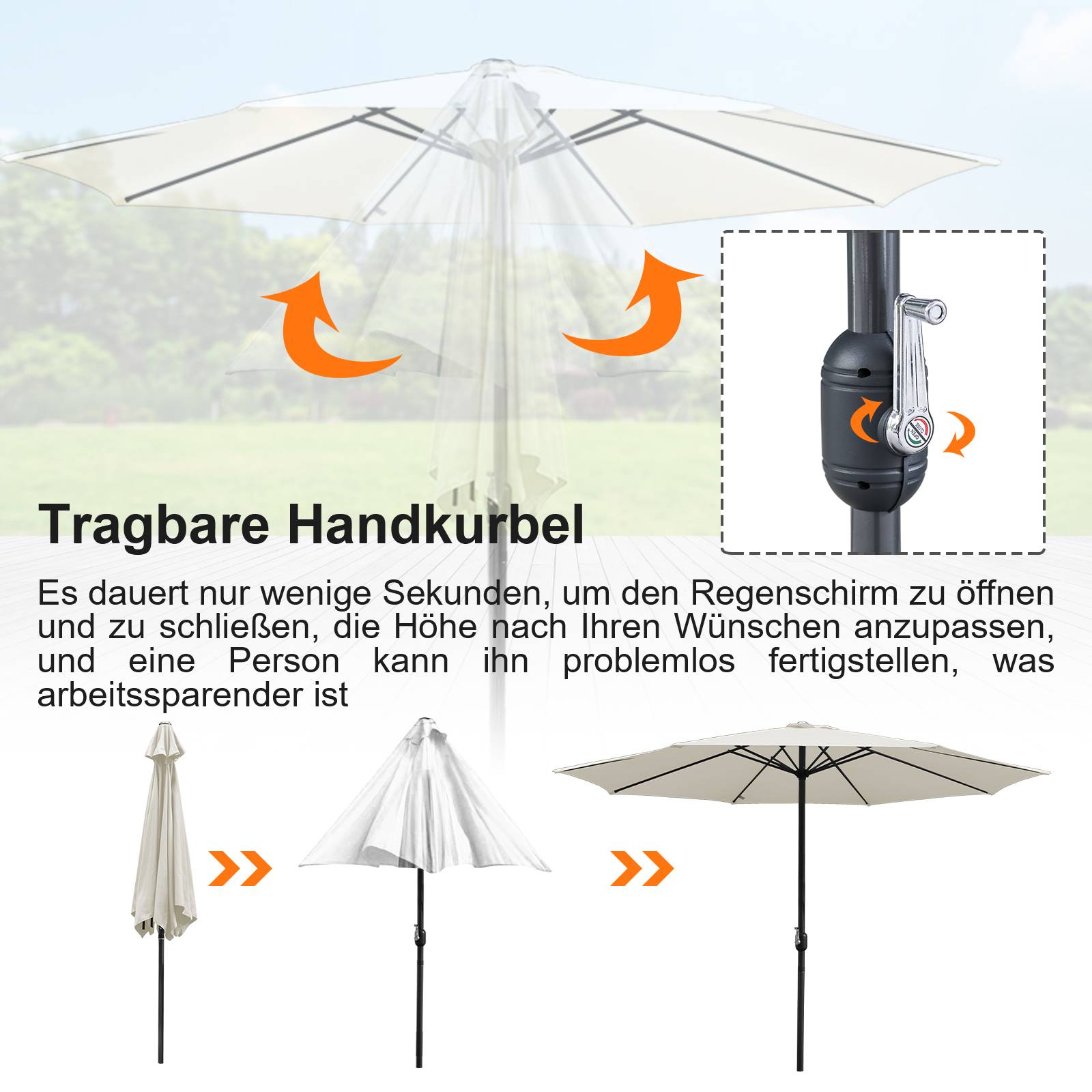 Sonnenschirm, Gartenschirm Ø 350 cm,mit Kurbelmechanismus,Beige