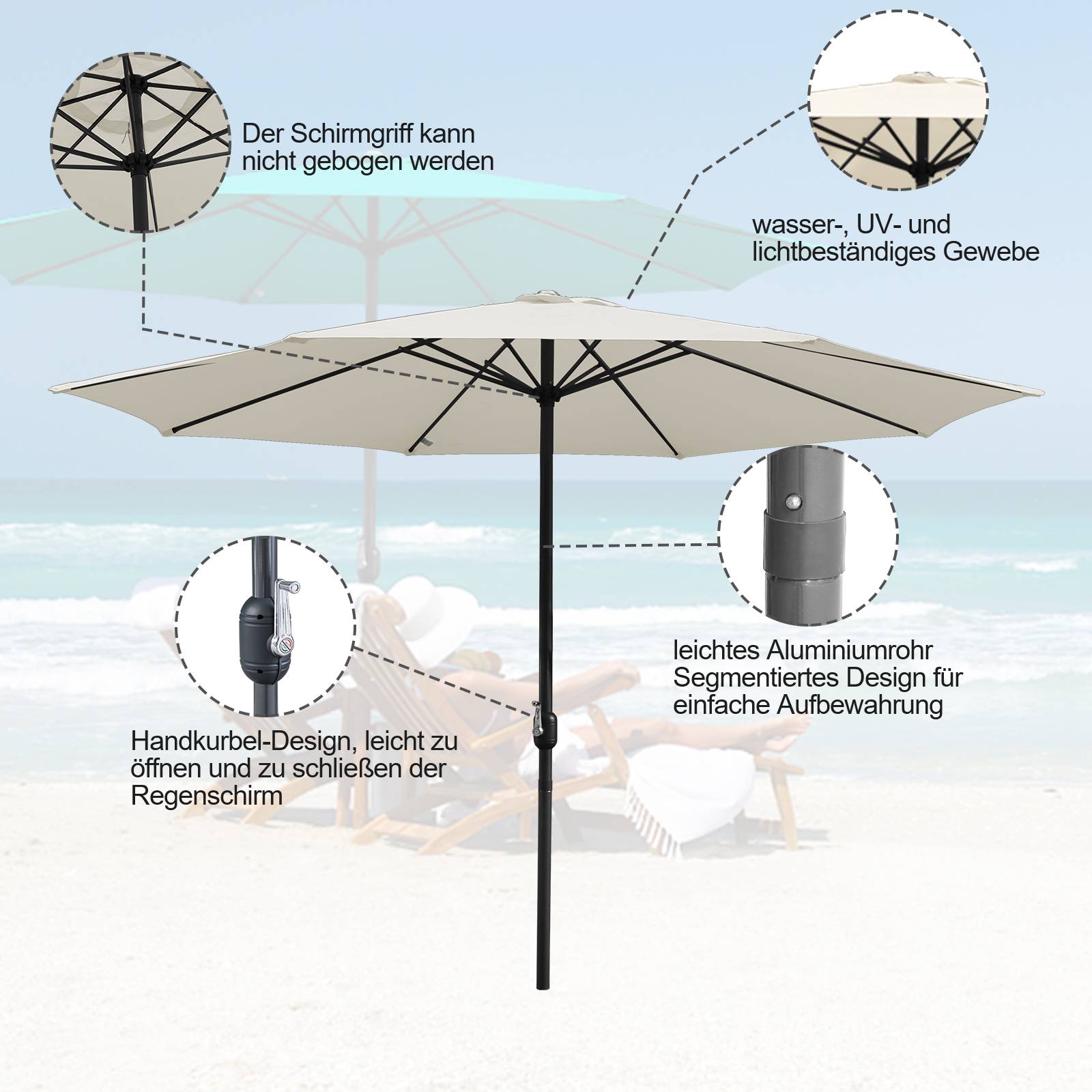 Ø3.5m Sonnenschirm Schirm UV40+ Gartenschirm Solar Garten 4 Farben,Beige