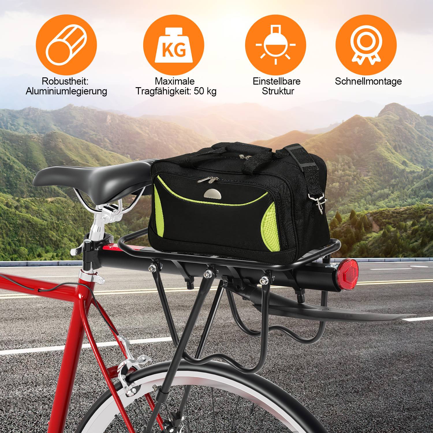 Fahrrad Gepäckträger mit Reflektor- verstellbar inkl. Schutzblech belastbar bis maximal 50 kg für 24-29 Zoll MTB Alu