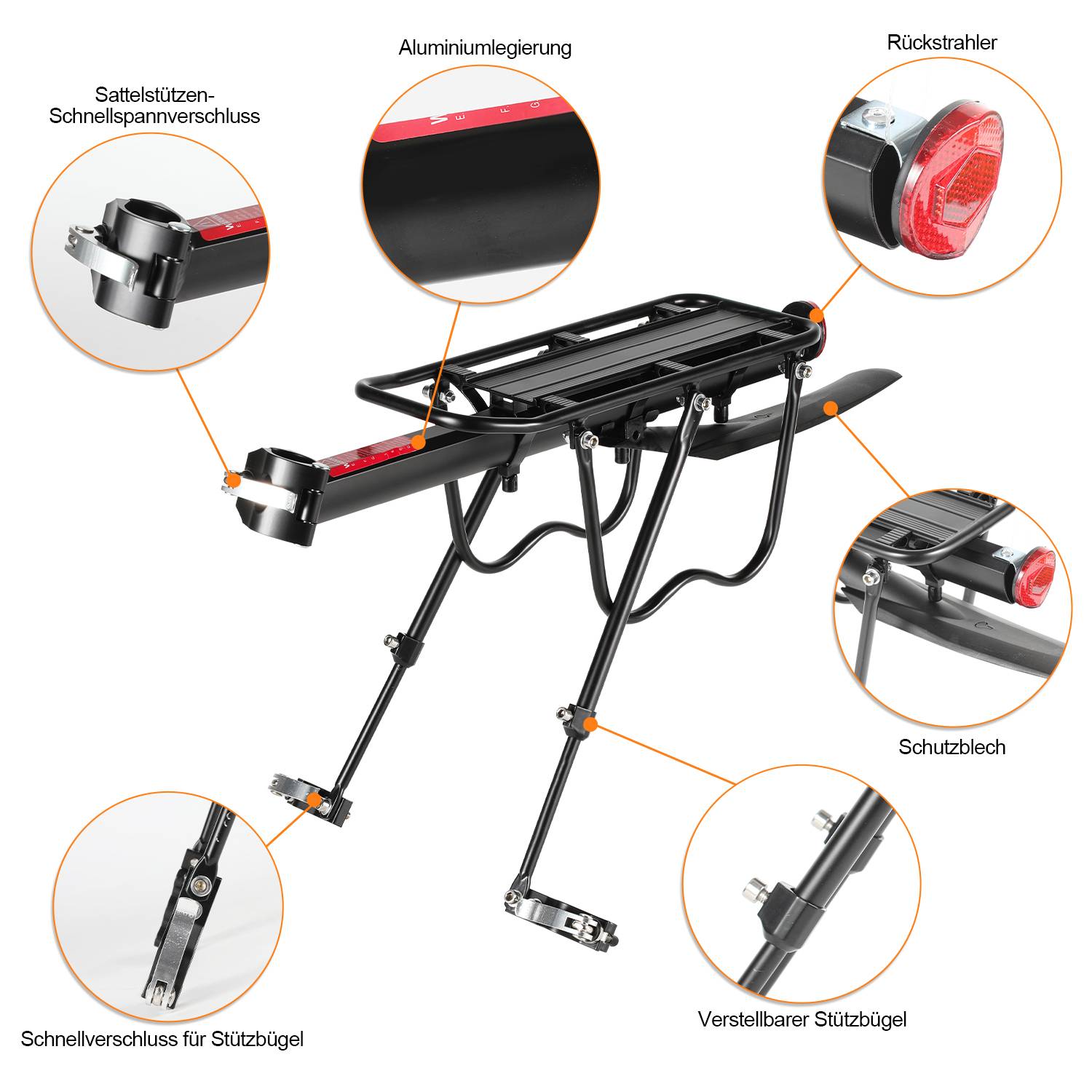 Fahrrad Gepäckträger mit Reflektor- verstellbar inkl. Schutzblech belastbar bis maximal 50 kg für 24-29 Zoll MTB Alu