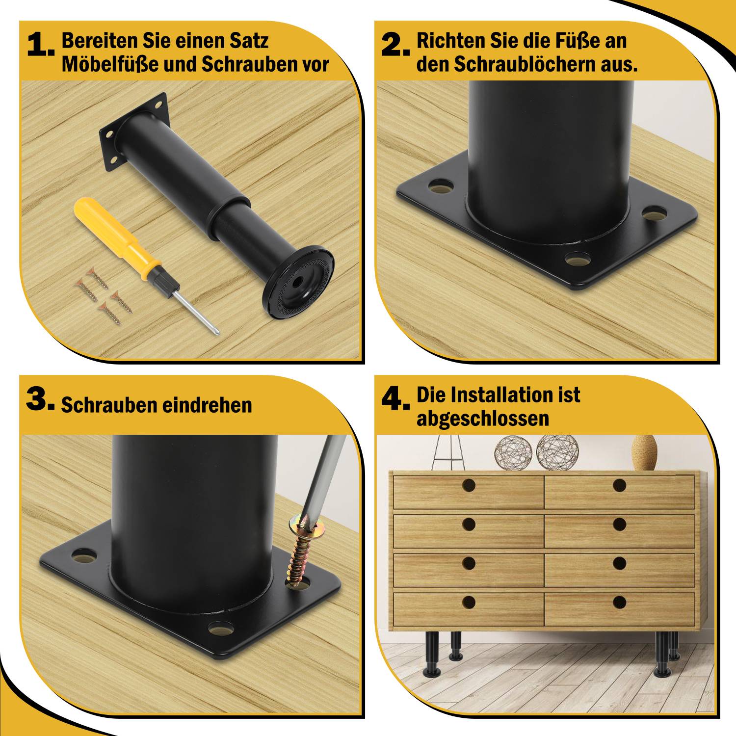 12er Set Möbelfüße Tischbeine Sockelfuß Tischfuß Möbel Schwarz，Höhenverstellbar 120-180 mm