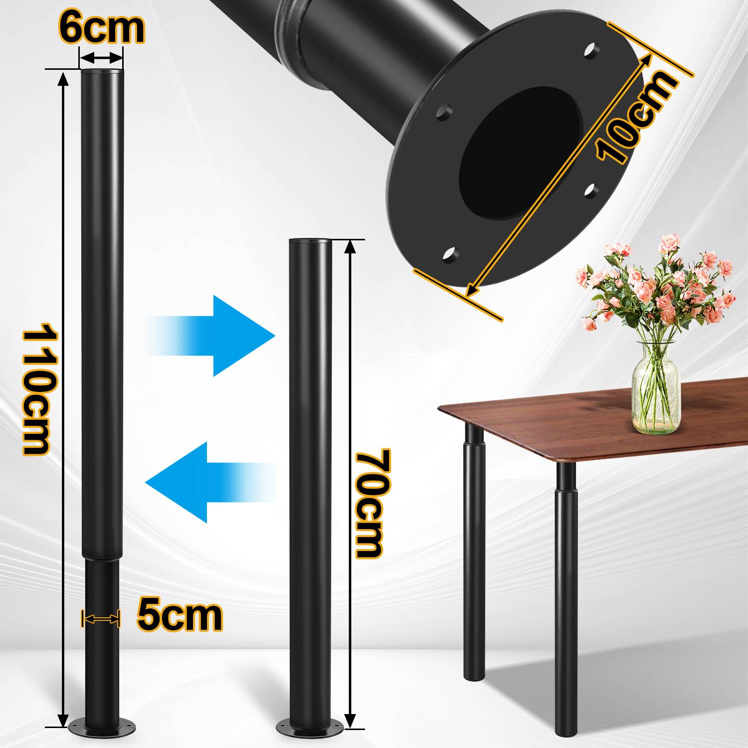 8er Set Möbelfüße Tischbeine Sockelfuß Tischfuß Möbel Eisenhaltig Schwarz，Höhenverstellbar 700-1100 mm