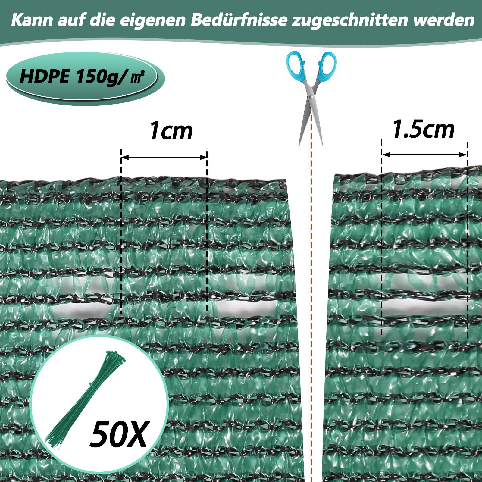 1,5x25m Zaunblende Sichtschutz, 150g/m² HDPE, Tennissichtschutz, Grün, Sonnenschutz, Windschutz, mit Kabelbindern