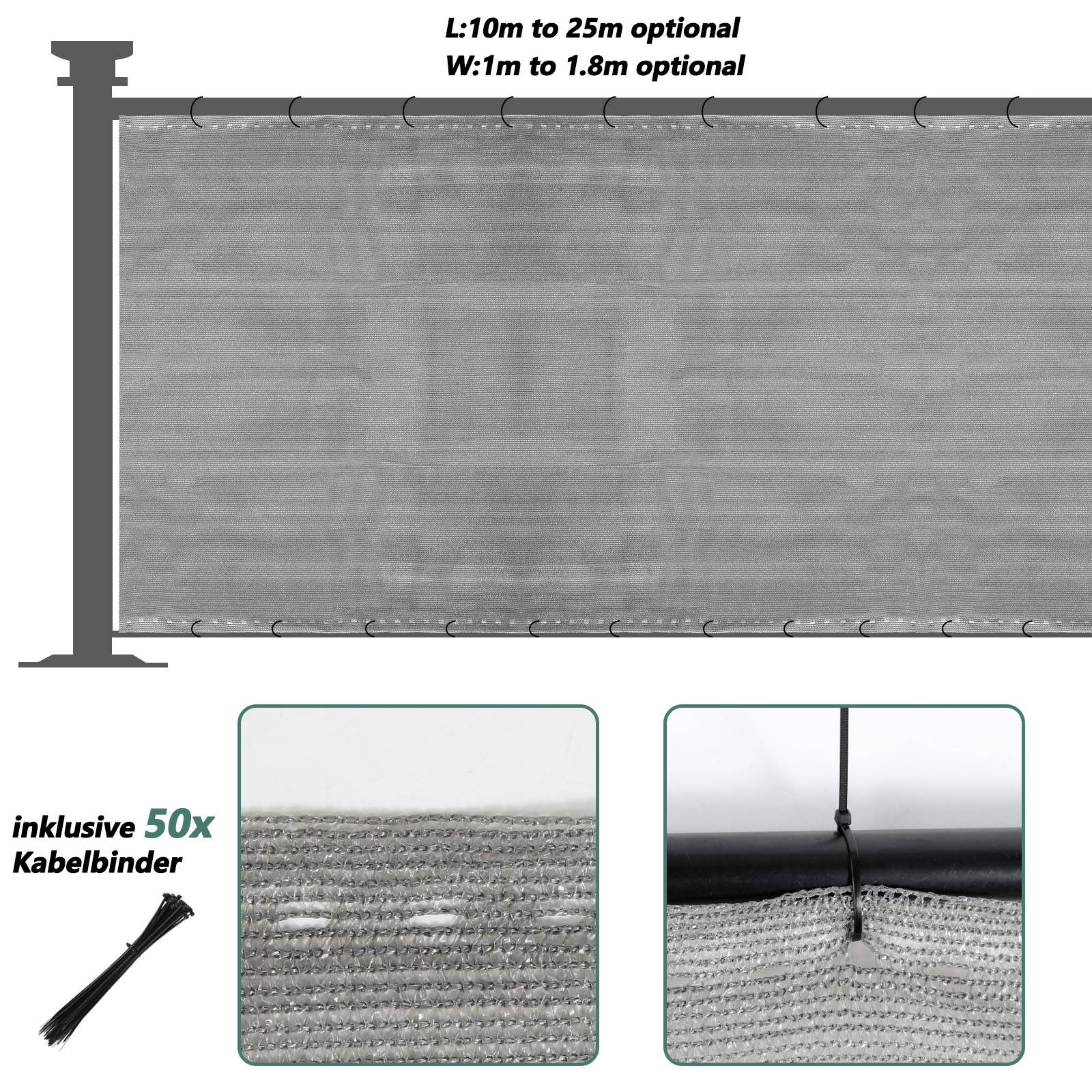 1,8x20m Zaunblende Sichtschutz, 150g/m² HDPE, Tennissichtschutz, Anthrazit, Sonnenschutz, Windschutz, mit Kabelbindern