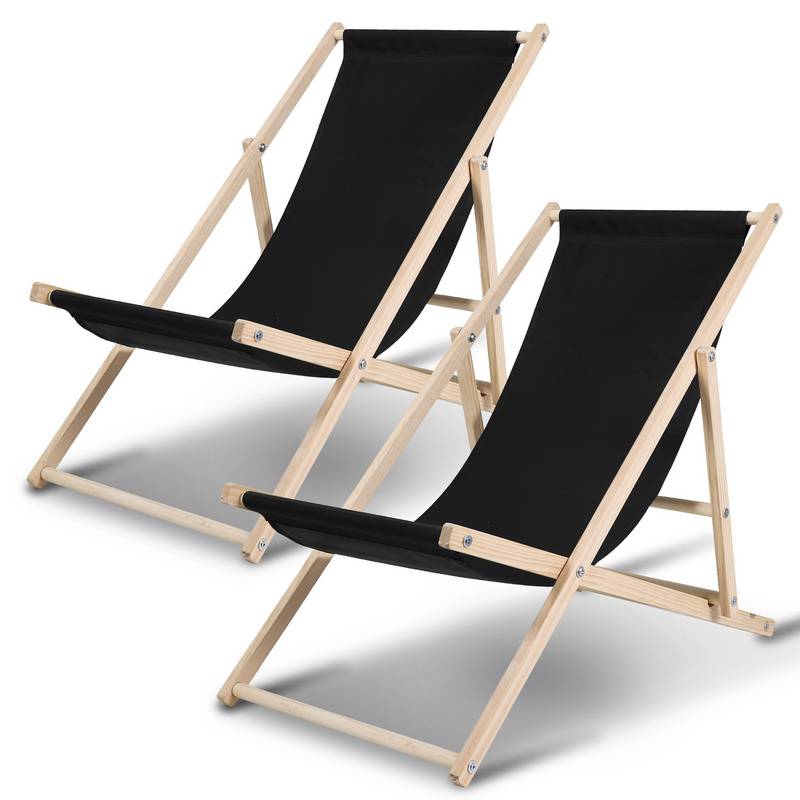 Liegestuhl 2X Strandliege klappbar Schwarz Holz klappliege Liege Klapp Sonnenliege schwarz