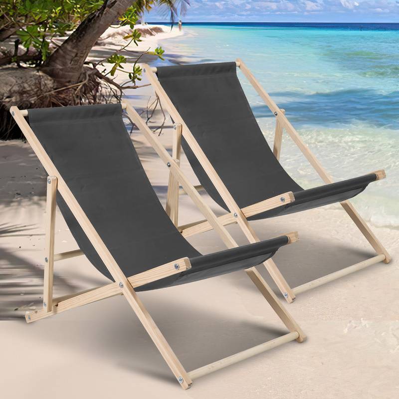 2X Liegestuhl Gartenstuhl Klappstuhl Kieferholz Holz Klappbar Relax Stoff Deck Grau