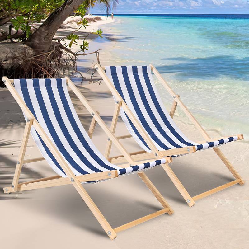 Liegestuhl 2X Strandliege klappbar Schwarz Holz klappliege Liege Klapp Sonnenliege Blau weiß