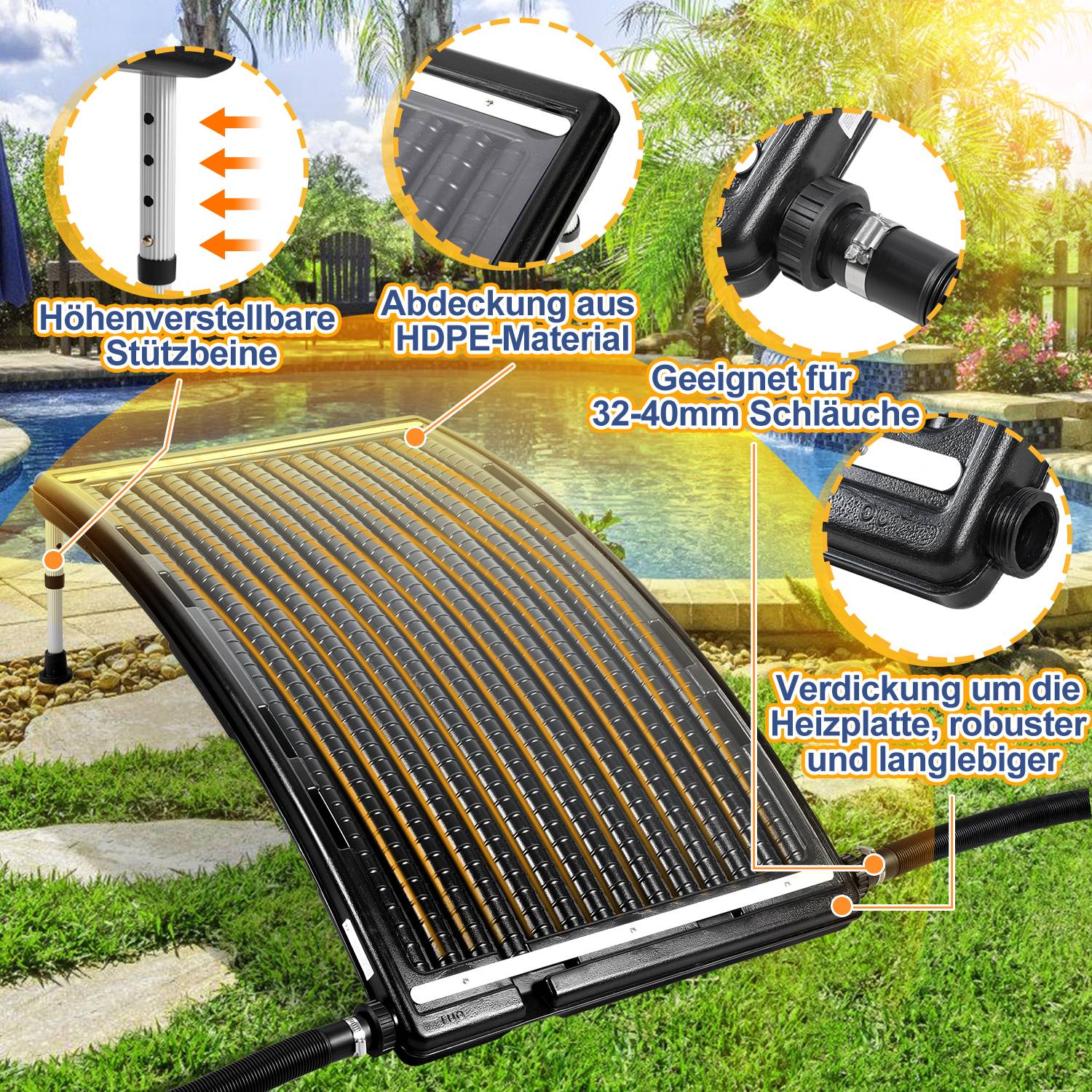 3x Solarheizung Schwimmbad Pool Poolheizung Versenkbare Halterung schwarz Solarabsorber 110 x 65 x 15 cm - Gebogen Typ